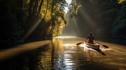 Solo rower on winding river dynamic attire play of light and shadows