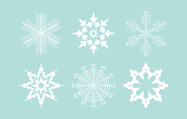 Fototapeta na wymiar Cute snowflakes collection isolated on background. Flat snow icons, silhouette. Element for Christmas banner, cards.