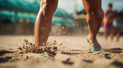 Player's feet in sand for leverage shifting grains vibrant beachwear controlled strength and determination in intimate beach volleyball moment - obrazy, fototapety, plakaty