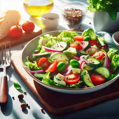 Greek salad of cucumbers, tomatoes, red onions, olives and olive oil on a plate
