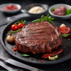 A Chateaubriand beef steak with grill strips is on a plate