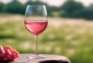 A glass of pink wine on the background of a green meadow and a place for text