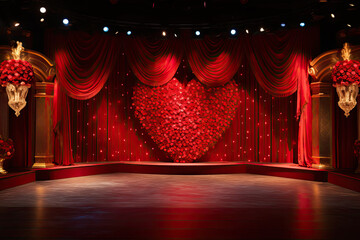 A grand Valentine's Day stage, decorated with lush red velvet curtains and a big heart made of roses.