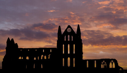Whitby Abbey Silhouette at sunset. Yorkshire Abbey ruins. 
