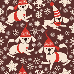 Vector christmas pattern with
cartoon puppy in santa claus hat and snowflake
 on a red background. 2024 New Year fashion
ornament for fabric, paper, textiles, notepad,
children clothing.