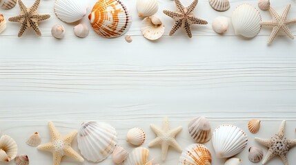 Fototapeta na wymiar top-down photo of seashells on rustic white wooden background with room for text
