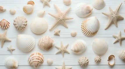 seashells on rustic white wooden background