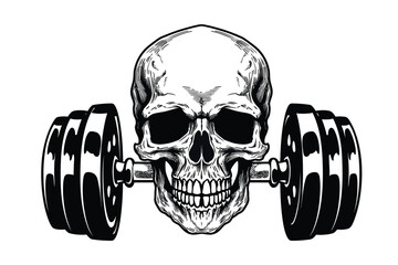 Vector skull with barbell in teeth and gym t shirt design . Design element for poster, card, banner, emblem, t shirt. Vector illustration - obrazy, fototapety, plakaty