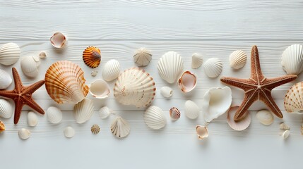 seashells on rustic white wooden background