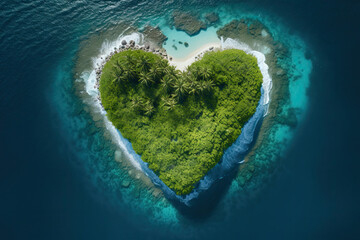 Fototapeta premium A heart shaped tropical island surrounded by blue ocean bird's eye view, photographic