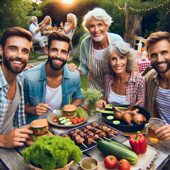 A photo of an American family and friends having a barbecue in a backyard.