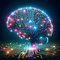 An illustration of an artificial intelligence AI circuit board in the shape of a human brain.