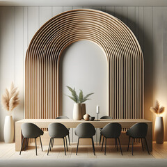A minimalist modern dining room with an abstract wood paneling arched wall, depicting sleek elegance and a sophisticated atmosphere.