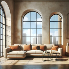 A modern living room in loft style, featuring a beige sofa with terra cotta pillows against an arched window, near a stucco wall.