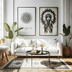 A Scandinavian boho style modern living room, featuring a white sofa and black coffee table against a white wall with an art poster.