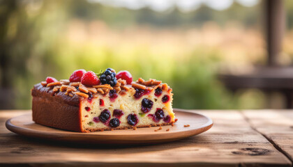 A slice of fresh fruit cake with. copy space