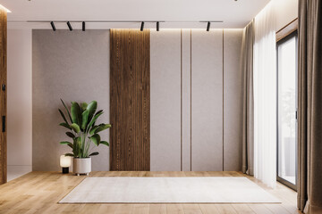 Modern minimal interior design of apartment, empty living room with grey plaster wall and wooden decorative slats, white carpet, track lighting, palm interior plant, panorama, 3d render - obrazy, fototapety, plakaty