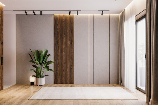 Modern Minimal Interior Design Of Apartment, Empty Living Room With Grey Plaster Wall And Wooden Decorative Slats, White Carpet, Track Lighting, Palm Interior Plant, Panorama, 3d Render