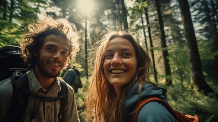 Young couple walking with backpacks deep in the lush forest