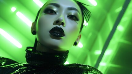Young woman with intense make-up among green neon lights