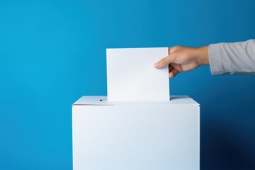 Hand putting a paper in a voting box, concept of elections, politics. Generative AI