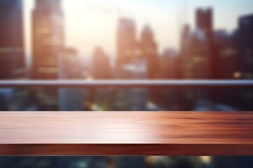 Empty wooden table in office with blurry city view. Good for background in business concept. Generative AI 