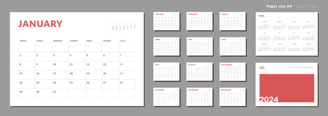 Set of Monthly page Calendar Planner Template 2024, cover with Place for Photo and Company Logo and annual calendar of 2025. Isolated Vector layout of a wall or desk calendar with week start Monday