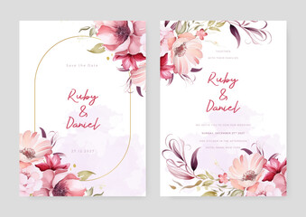Pink and red cosmos luxury wedding invitation with golden line art flower and botanical leaves, shapes, watercolor