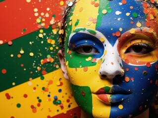 Woman dressed in green and yellow carnival mask, Brazilian carnival concept, Brazilian culture. Generative AI