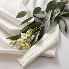 Eucalyptus leaves on white cloth