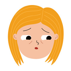 Tired girl face. Little kid emotion. Close up portrait of sleepy character. Vector illustration