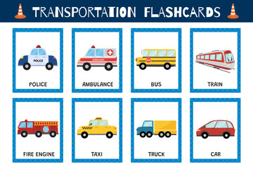 Transportation flashcards collection for kids. Vehicles flash cards set for school and preschool. Ambulance, fire engine, police and other cars. Vector illustration - obrazy, fototapety, plakaty