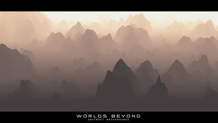 Abstract beige landscape with misty fog till horizon over mountain slopes. Gradient eroded terrain surface. Worlds beyond. - obrazy, fototapety, plakaty