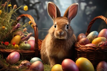 Fototapeta na wymiar Rabbit next to baskets with Easter eggs. Generative AI