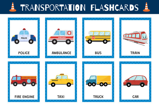 Transportation flashcards collection for kids. Vehicles flash cards set for school and preschool. Ambulance, fire engine, police and other cars. Vector illustration