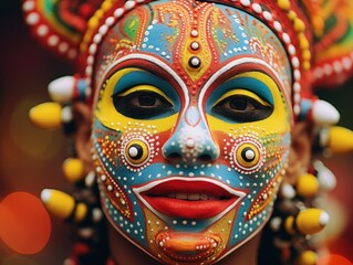 Woman with painted face and carnival decorations, concept of Brazilian carnival, festivity. Generative AI
