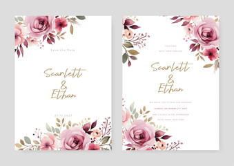 Pink peony vector wedding invitation card set template with flowers and leaves watercolor
