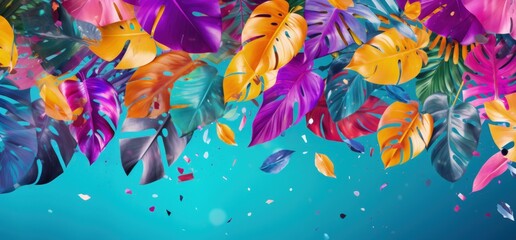 Background with colorful tropical leaves and confetti. Generative AI