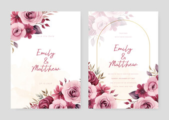 Red and pink rose elegant wedding invitation card template with watercolor floral and leaves