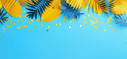 Blue background with tropical palm leaves and yellow confetti. Generative AI