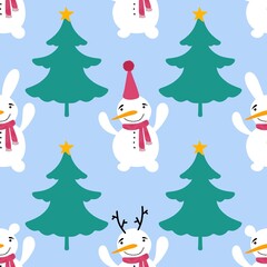 Cartoon winter ice seamless snowman and snowflakes pattern for Christmas tree and packaging and new year