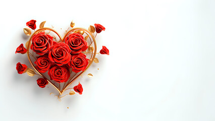 Greeting card for wedding or Valentine's day, bouquet of red roses and gold ribbons in the shape of heart.