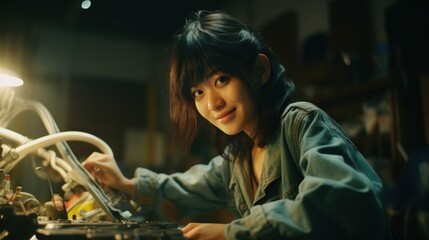 Fototapeta na wymiar Asian woman repairing electronic devices at home