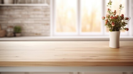 Empty wooden table in the foreground. Scandinavian kitchen blurred background
