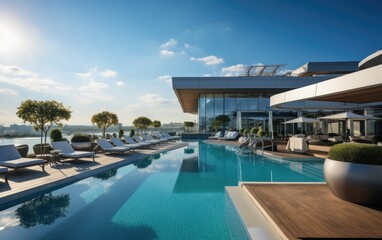 Fototapeta premium A modern superior hotel pool and superior outdoor sofas at a sunny day