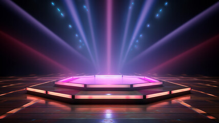Led concert stage, spotlight illuminated the empty stage, lightning design, electric, screen, colourful effect wallpaper fachion futuristic event organization. banner, copy space, background