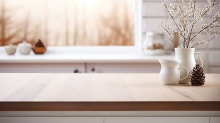 Fototapeta na wymiar Empty wooden table in the foreground. Scandinavian kitchen blurred background