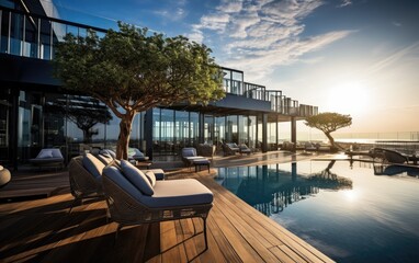 A modern superior hotel pool and superior outdoor sofas at a sunny day