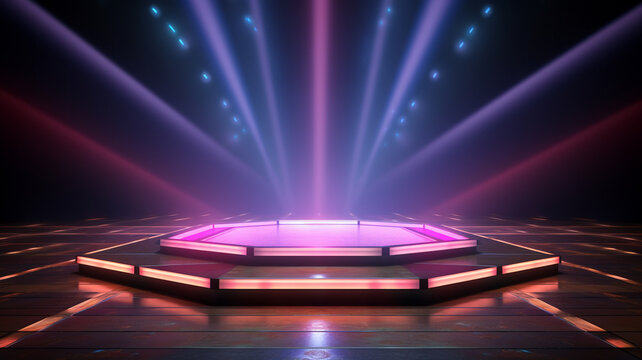 Led concert stage, spotlight illuminated the empty stage, lightning design, electric, screen, colourful effect wallpaper fachion futuristic event organization. banner, copy space, background