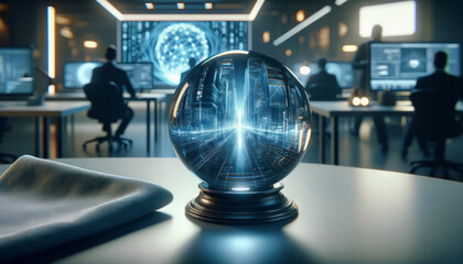 Crystal ball on a desk, AI driven visions of a cyber city. Blurred tech office in the background, intense cyber security operations
